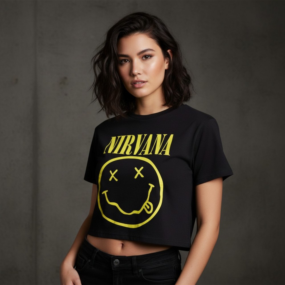 Nirvana - Yellow Happy Face Crop top - Zwart